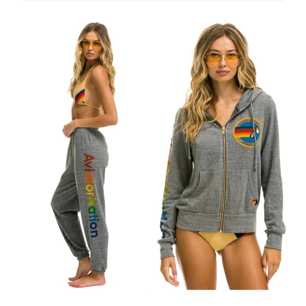 Aviator Nation Gray Track Pants and Hoodie Set with Rainbow Accents